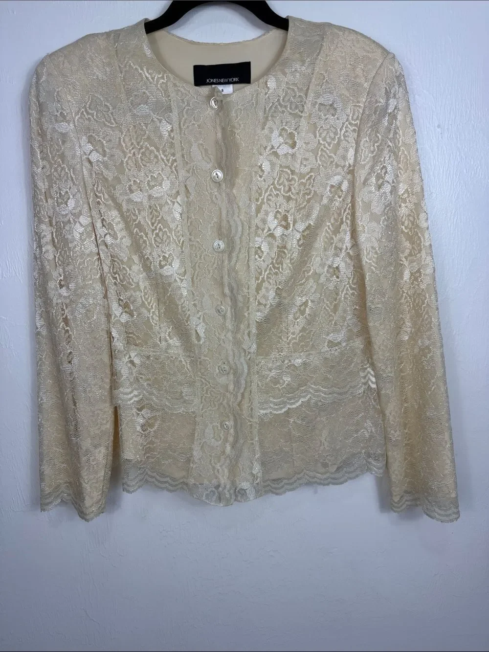 Jones New York Ivory Lace Jacket Women’s Size 8 Elegant Floral Overlay Top